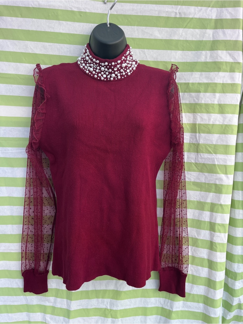 Belldini Wine Red Pearl-Trim Mock Neck Sweater with Sheer Polka Dot Sleeves